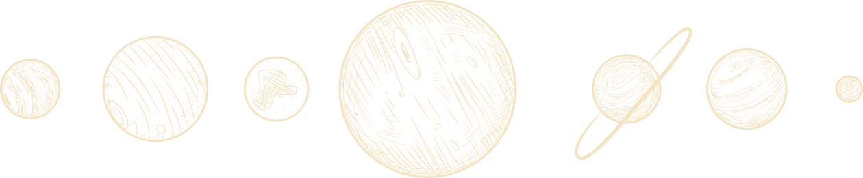 A stylized, sketch-like illustration of the solar system's planets aligned in a row, with four planets shown as spheres and two with distinct rings.