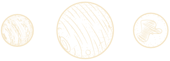 Three vintage-style, circular illustrations consisting of lines and patterns: a small ball on the left, a larger striped sphere in the center, and a smaller circle with a hat-like shape on the right.