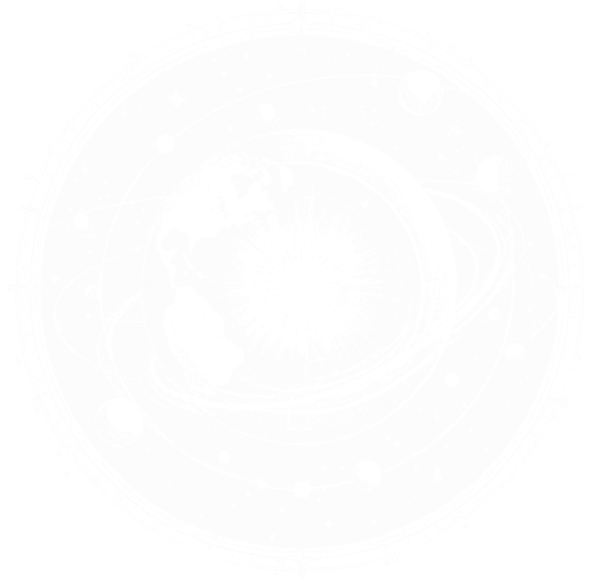 Monochrome illustration resembling an astronomical chart with planetary orbits and celestial objects surrounding a central star-like figure.